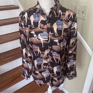 NWOT J McLaughlin Darcey Silk Blouse XS Neo Bakara Print Brown Camel $228